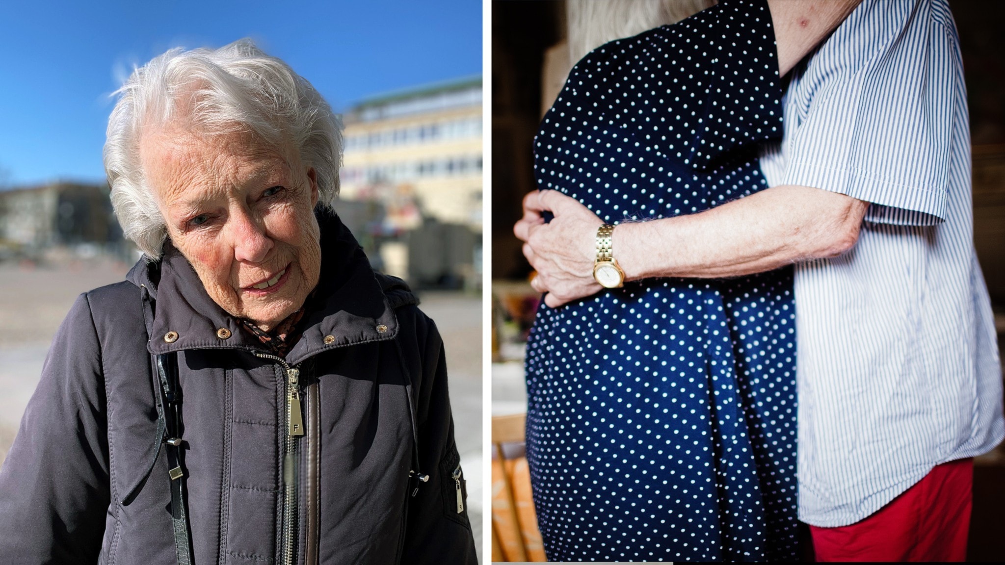 En bild på den äldre kvinnan Mildred Johansson, och en bild på två personer som kramas. 