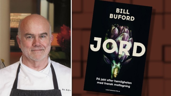 Porträtt av författaren Bill Buford och omslaget till hans bok Jord.