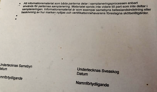 Una proposta di accordo sulla consultazione inviata da Sveaskog ai villaggi Sami - a condizione che non raccontassero agli estranei i piani di Sveaskog.