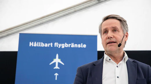 Johan Sveningsson, CEO di Uniper Sweden, era sulla posizione di Långsele per presentare l'investimento in una nuova struttura che produrrà carburante per aerei senza combustibili fossili.