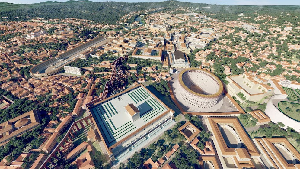 Bollettino - Questo computer generato Bild zeigt eine Luftaufnahme des Ancient Roms in Jahr 320 AD.  con il Colosseo (M) come ricostruzione 3D «Roma Reborn 4.0».  Forse una delle visite più affascinanti all’antica Roma avviene ora attraverso il progetto Wissenschaftlern che sta sviluppando il progetto “Roma Reborn 4.0”.  Nel modello digitale si vola letteralmente sopra la città.  Foto: Flyover Zone/dpa - Attenzione: solo per uso editoriale in relazione all'attuale Berichterstattung e solo con riferimento completo ai crediti di cui sopra