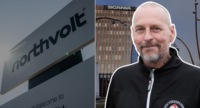 Storklubben från IF Metall på Scania är på besök på Northvolt för att stötta. Foto: TT/Jakob Joelson.